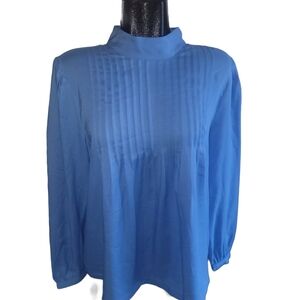 Ann Taylor Light Blue Pleat Detailed High Neck Blouse L